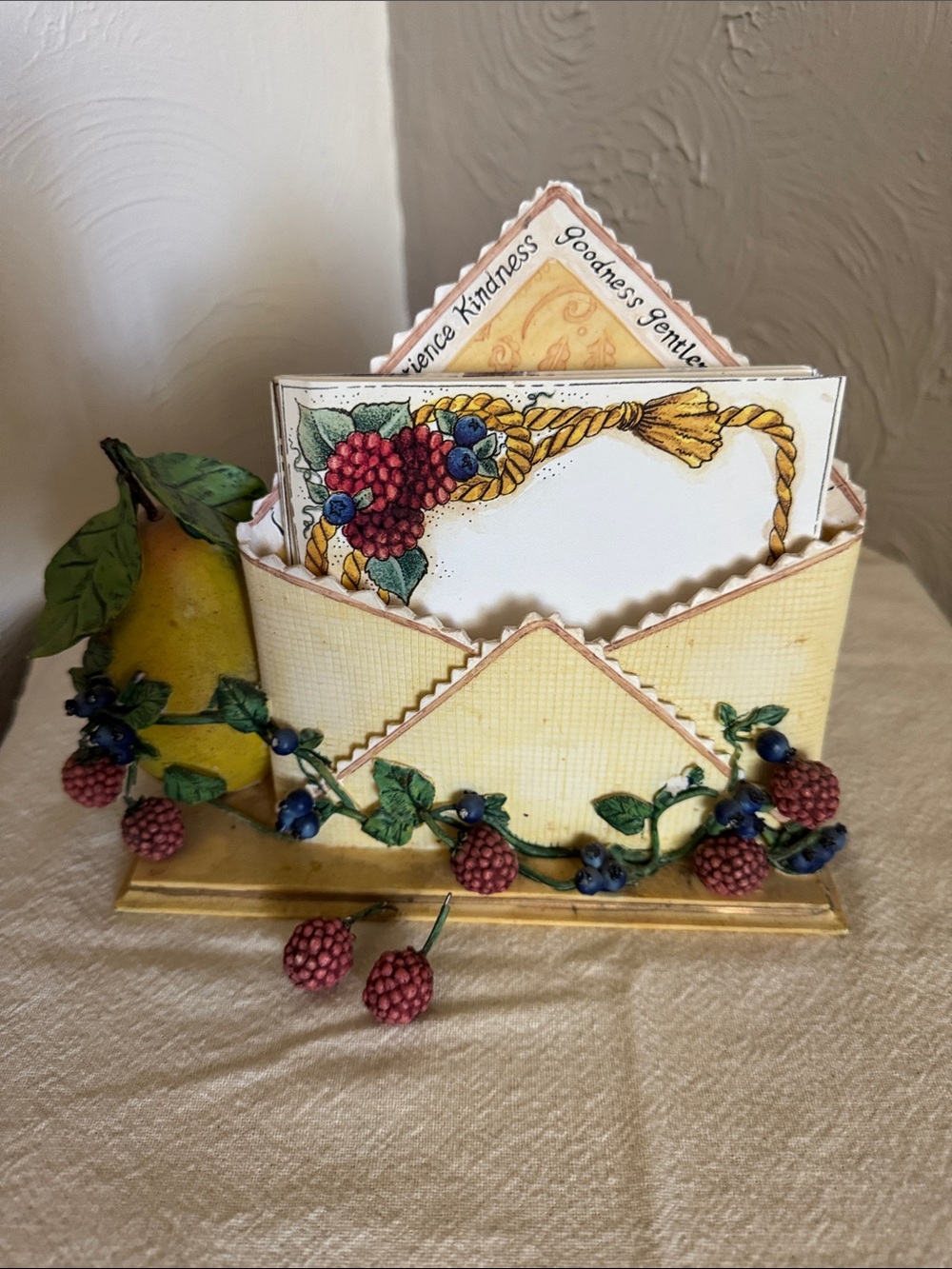 Decorative Fruit & Berry Note Holder - Yellow with Red and Blue Accents